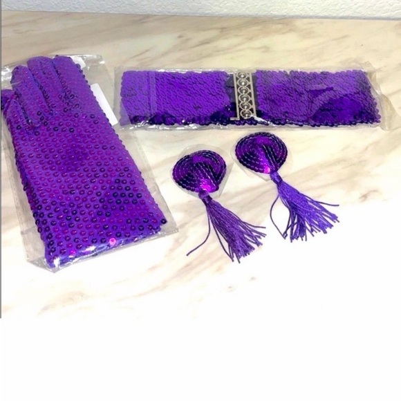 6 PC Purple Sequin Gloves and Accessories Set - Picture 10 of 10